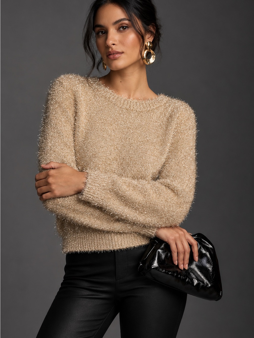 Rachel Zoe Gold Metallic Eyelash Knit Sweater Womens Medium Shimmer Pullover